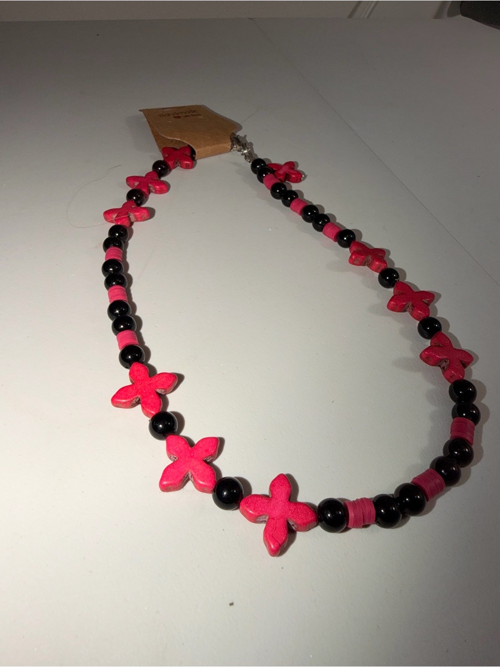 Pink Floral Bead Necklace with Black Accents